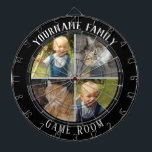 Family Namn 4-fotospelrum Darttavla<br><div class="desc">Färgadens bakgrund med eget namn och fyra fotoalternativ i mitten av kortet. Andra färger som finns i butiken.</div>