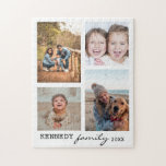 Family Namn 4 Photo Collage White Pussel<br><div class="desc">Skapa ditt eget pussel med fyra av dina favoritbilder bilder på en vit bakgrund.Anpassa med familj namn och år. Familjefotosamlingspusslet är perfekt för solo- eller familjetidsaktiviteter. Jigszons pussel hjälper dig att slappna av och lindra din stressa. Den senaste trenden inom självvård är att göra pussel i pusslet som en meditativ...</div>