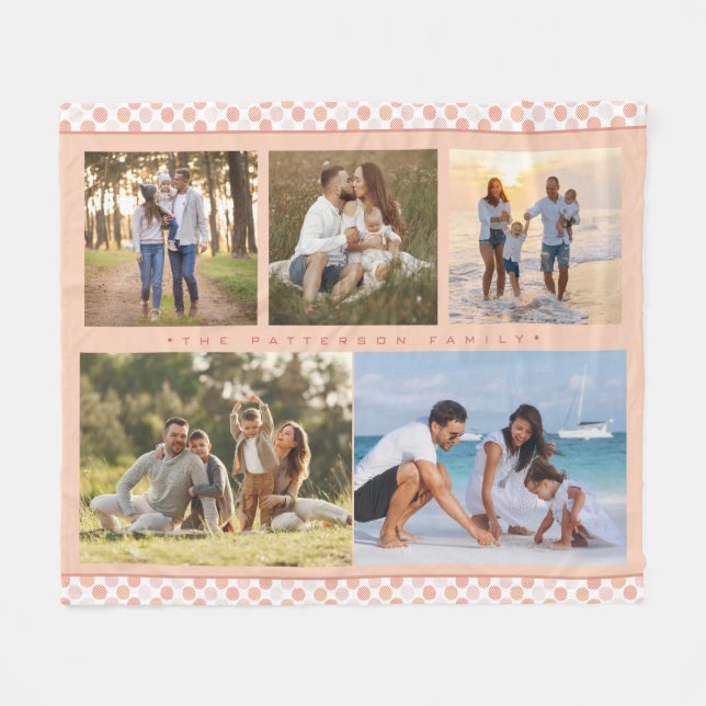 Family Namn 5 Photo Collage Rosa Girly Modern Fleecefilt (Framsidan (Horisontell))