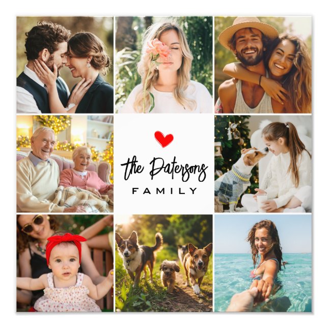 Family Namn 8 Photo Collage Modern Elegant White Fototryck (Framsidan)
