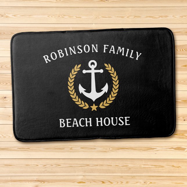 Family Namn Beach House Anchor Guld Laurel Black Badrumsmatta (Several sizes to choose from.)