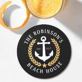 Family Namn Beach House Anchor Guld Laurel Black Underlägg Papper Rund