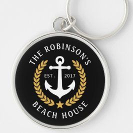 Family Namn Beach House Anchor Guld Laurel Metall Rund Silverfärgad Nyckelring