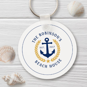 Family Namn Beach House Anchor Guld Laurel Star Nyckelring