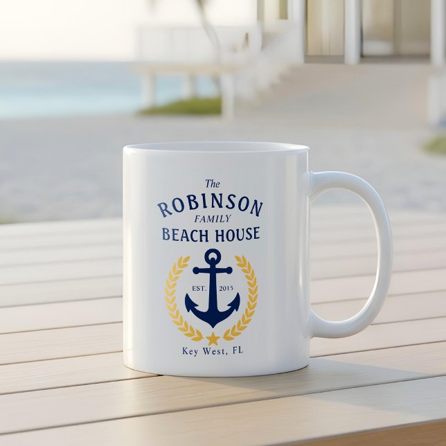 Family Namn Beach House Anchor Guld Stil Laurel Kaffemugg (Skapare uppladdad)