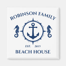 Family Namn Beach House Seahorse Anchor Blue White Magnet