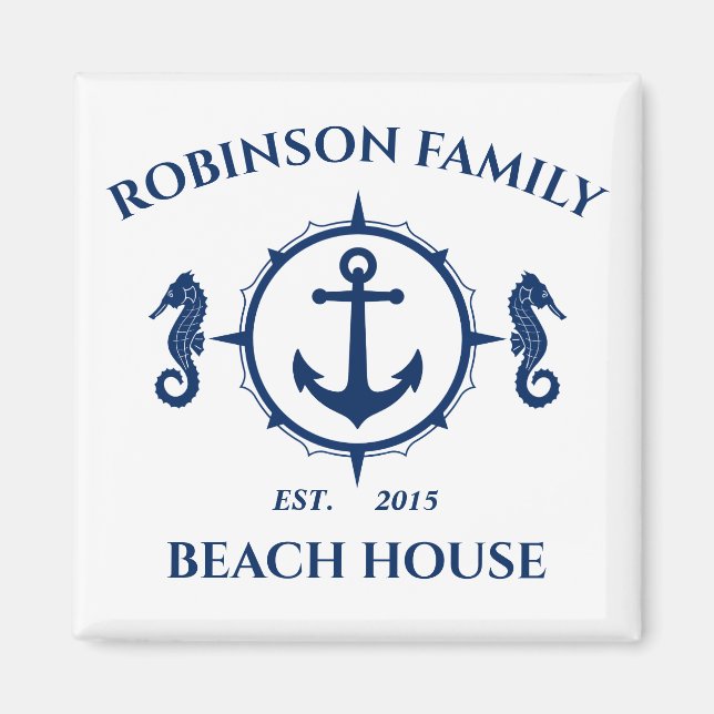 Family Namn Beach House Seahorse Anchor Blue White Magnet (Framsidan)
