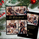 Family Namn Black Guld 5 Photo Collage jul Julkort<br><div class="desc">Modern enkel Elegant Calligraphy Black och Guld 5 Photo Collage Family Namn Script God jul Helgdag Card. Den här fräcka, minimalistiska, vimiska, fem (5) fotokortmallen innehåller ett söt-rutnätsfotokollage, en enorm "Familj Namn"-text som är skriven i ett vackert handskript som snabbt Julhälsningar svan i guld på svart färg-bakgrund. På motsatt sida...</div>