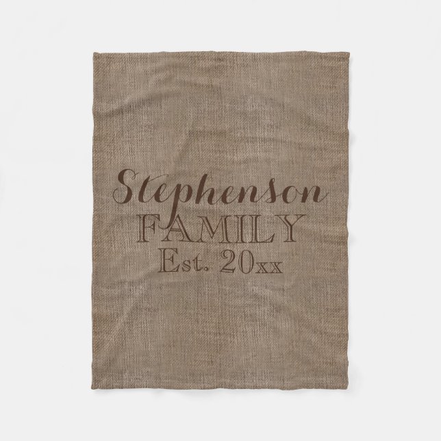 Family Namn Burlap Rustic Fleecefilt (Framsidan)