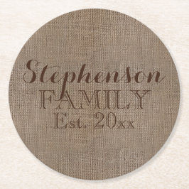 Family Namn Burlap Rustic Underlägg Papper Rund
