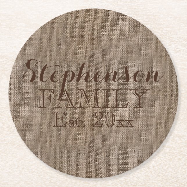 Family Namn Burlap Rustic Underlägg Papper Rund (Framsidan)