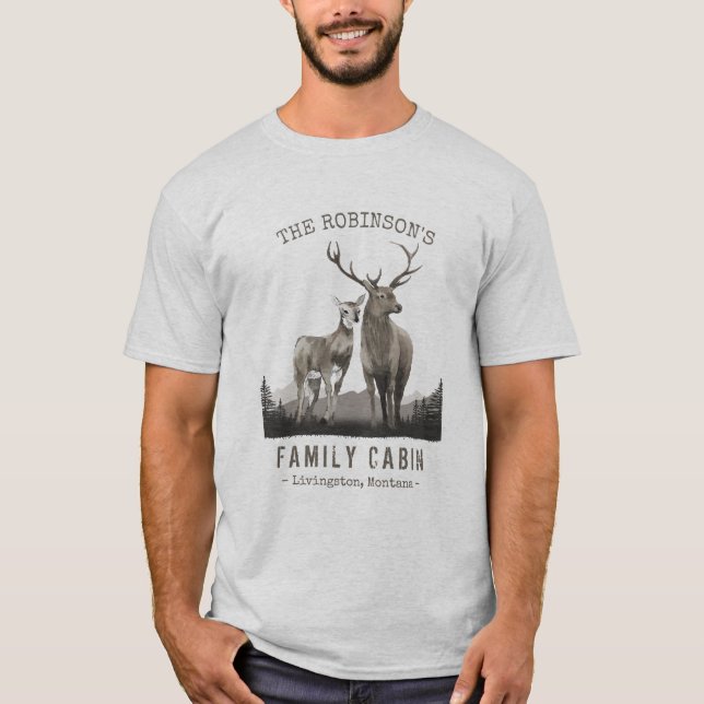 Family Namn Cabin Hjort Träd Gräs Forest Light Grå T Shirt (Framsida)