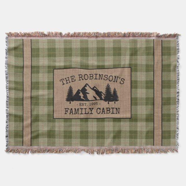 Family Namn Cabin Träd Sage Grönt Pput Burlap Filt (Framsidan)