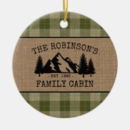 Family Namn Cabin Träd Sage Grönt Pput Burlap Julgransprydnad Keramik