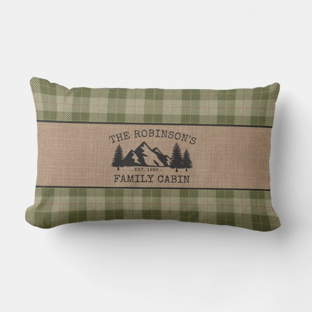 Family Namn Cabin Träd Sage Grönt Pput Burlap Lumbarkudde (Framsida)