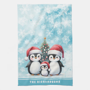 Family Namn Cute Penguins Snowy Blue Jul Kökshandduk
