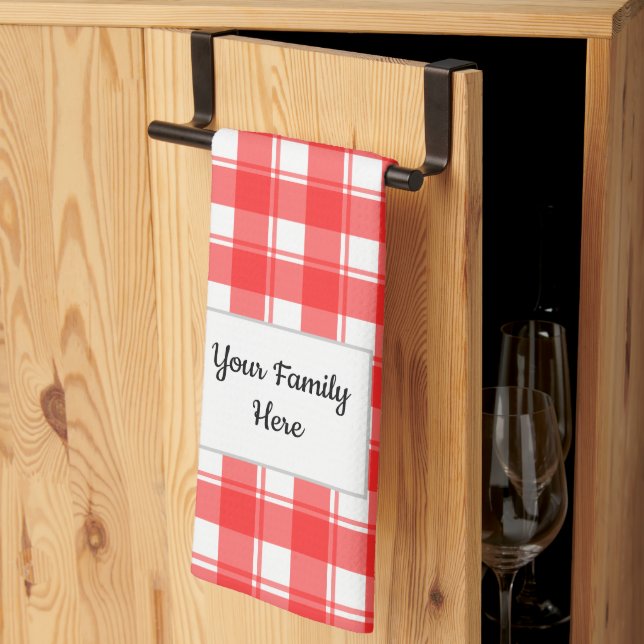 Family Namn Editable Red White Retro Play Patten Kökshandduk (Thirds Fold)