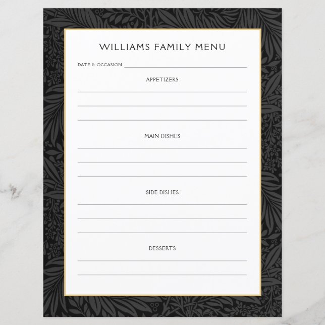 Family Namn Menu Planner | Svart Blommigt för vint (Framsida)