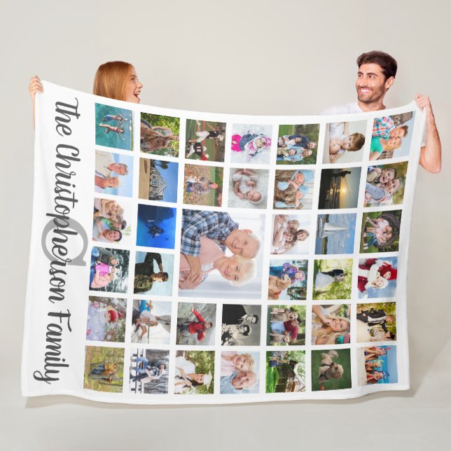 Family Namn Monogram 39 Photo Collage Script White Fleecefilt (På plats)