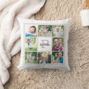 Family Namn Monogram 8 Photo Collage White Grått Kudde