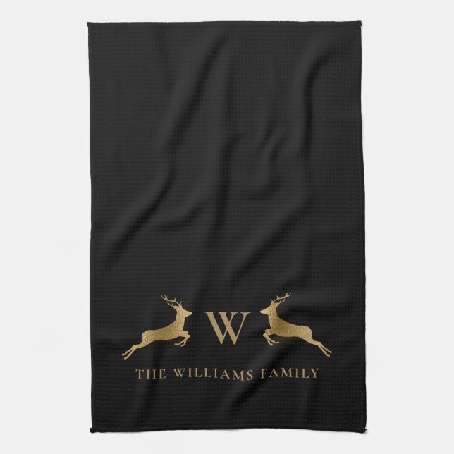 Family Namn Monogram Guld Hjort Black Kökshandduk (Vertikal)