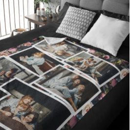 Family Namn Photo Collage | Blommigt på svart Fleecefilt