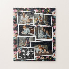 Family Namn Photo Collage | Blommigt på svart Pussel
