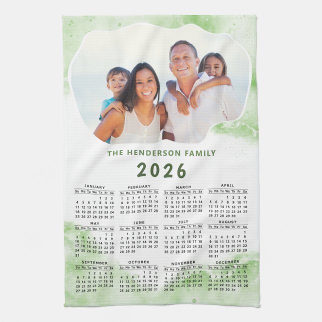 Family Namn Photo Grönt White 2026 Calendar Kökshandduk (Vertikal)