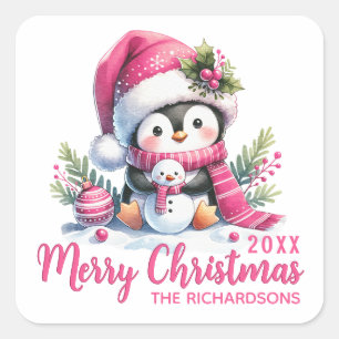 Family Namn White Rosa Roligt Penguin God jul Fyrkantigt Klistermärke