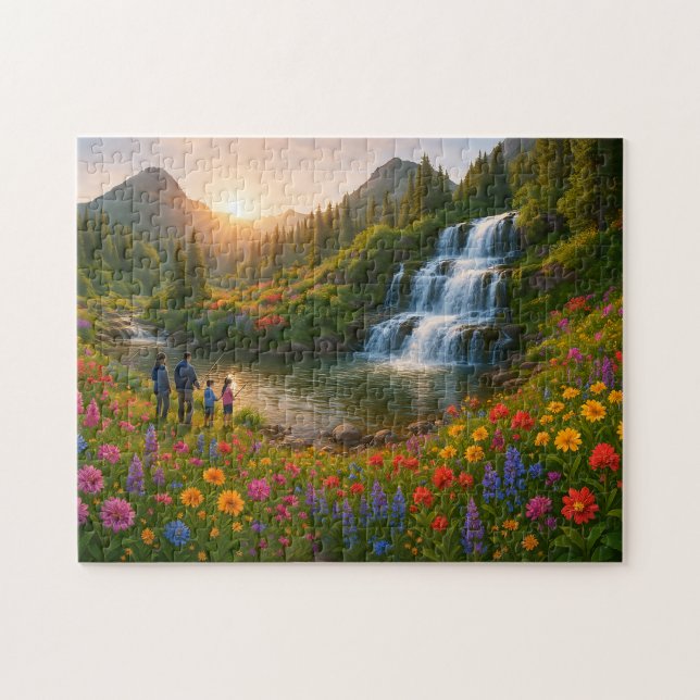 Family Nature Puzzle – Mountain Waterfall Sunrise Pussel (Horisontell)