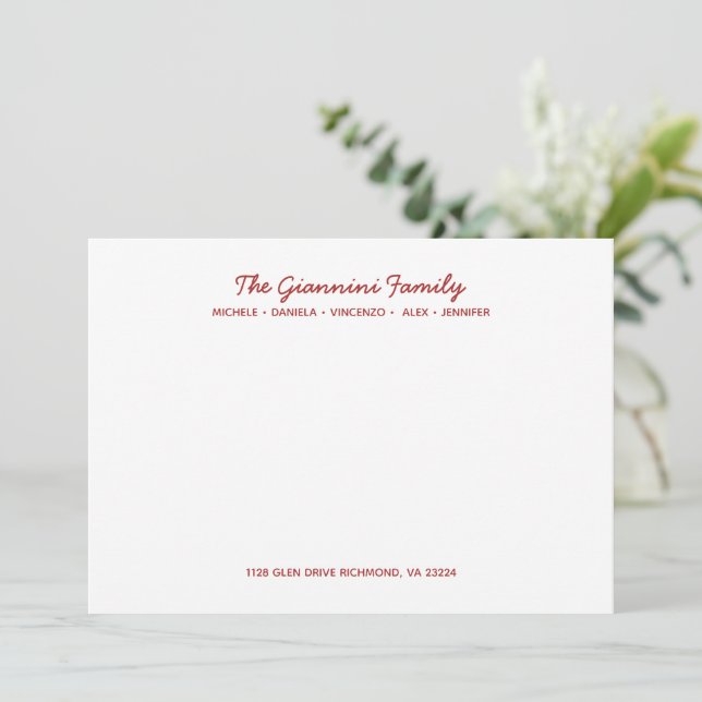 FAMILY NOTECARDS Cursive Name Address RED Anteckningskort (Stående Fram)
