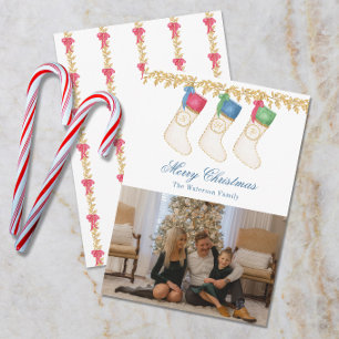 Family of 3 - Watercolor Monogram Stockings Photo Julkort