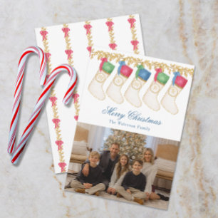 Family of 5 - Watercolor Monogram Stockings Photo Julkort