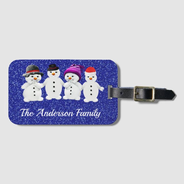 Family of Four Snowmen Blue Sparkle Winter     Bagagebricka (Framsida horisontal)