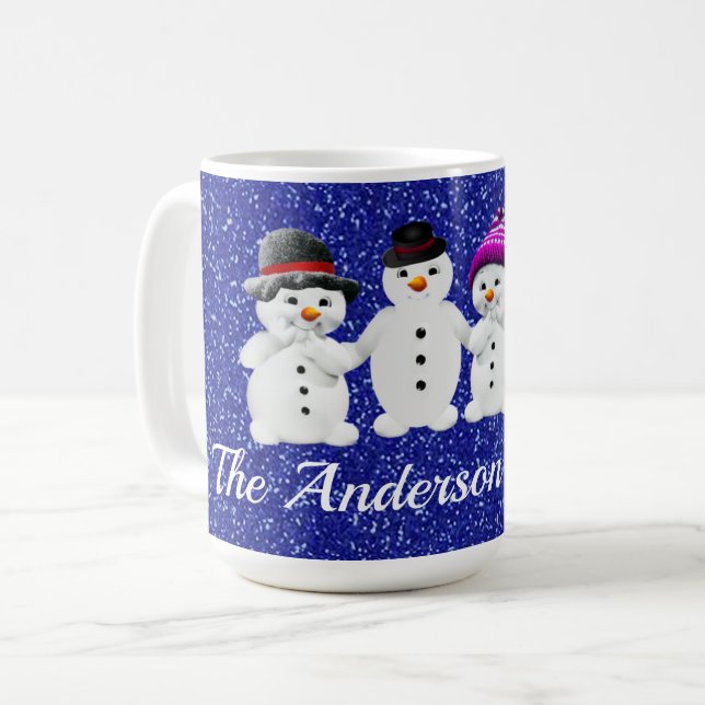 Family of Four Snowmen Blue Sparkle Winter     Kaffemugg (Framsida vänster)