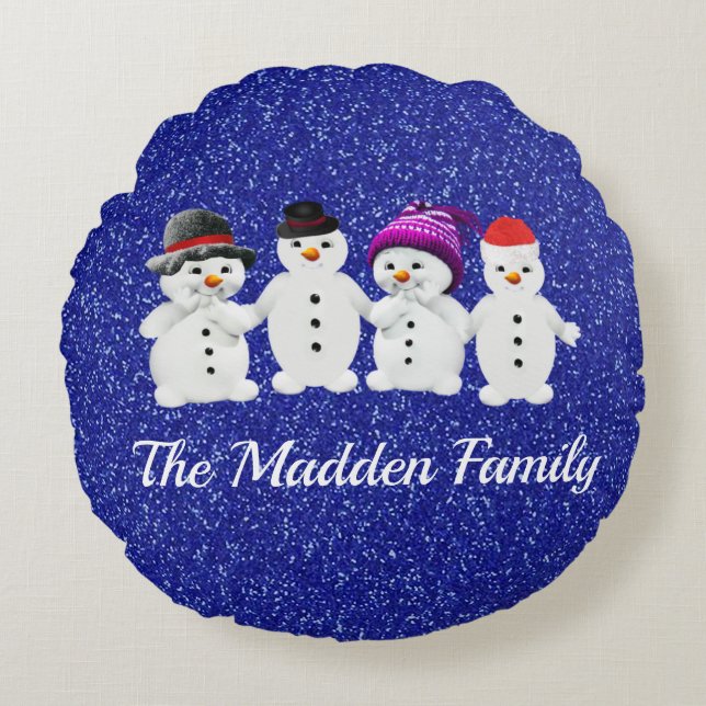 Family of Four Snowmen Blue Sparkle Winter Rund Kudde (Framsidan)