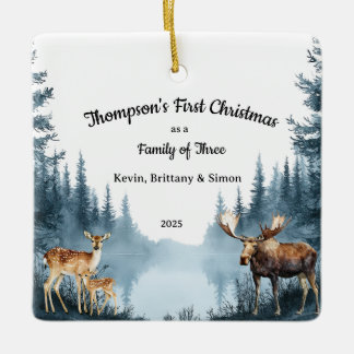Family of Three First Christmas Forest Deer Moose Julgransprydnad Keramik
