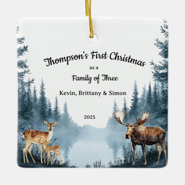 Family of Three First Christmas Forest Deer Moose Julgransprydnad Keramik (Framsida)