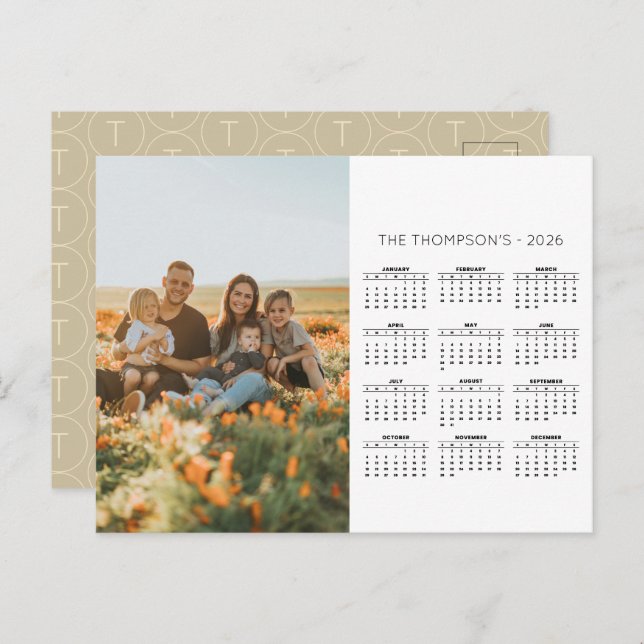 Family Photo 2026 Calendar 12 Monogram Helg Vykort (Fram/baksida)