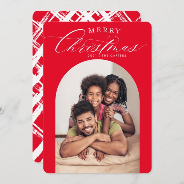 FAMILY PHOTO CARD god jul arch ram RED Meddelande (Fram/baksida)