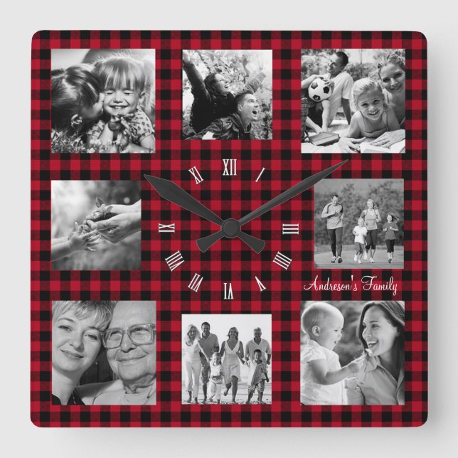 Family Photo Clock, Collage of 8, Buffalo Play Fyrkantig Klocka (Framsida)
