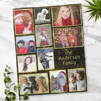Family Photo Collage 11 Pic Black Marble Guld Easy Fleecefilt