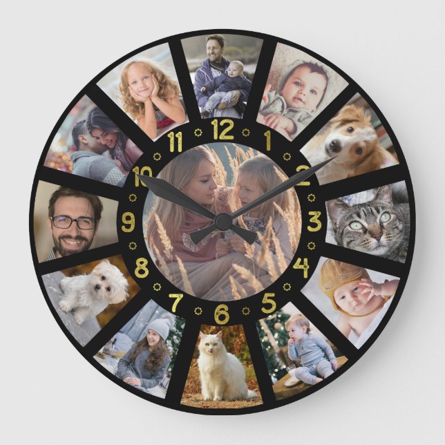 Family Photo Collage 13 Bilder Guld Numbers Black Stor Klocka (Framsida)