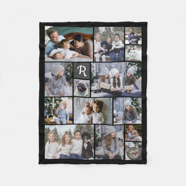 Family Photo Collage 14 Bilder + Monogram Black Ea Fleecefilt (Framsidan)