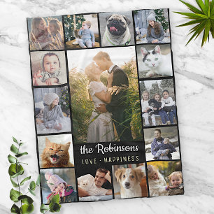 Family Photo Collage 15 Bilder + Namn Black Easy Fleecefilt