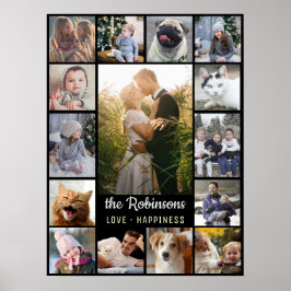 Family Photo Collage 15 Bilder + Namn Black Easy Poster