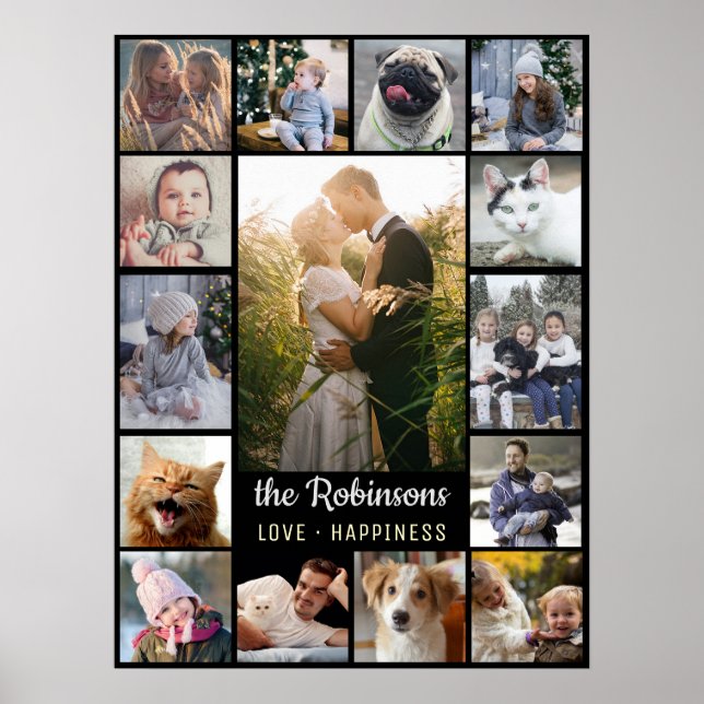 Family Photo Collage 15 Bilder + Namn Black Easy Poster (Framsidan)