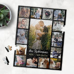 Family Photo Collage 15 Bilder   Namn Black Easy Pussel<br><div class="desc">Fira dina familjeminnen eller bröllop-minnen med detta vackra fotopussel. Den här designen innehåller ett stort foto för det centrala lodrät, tillsammans med två bilder för mindre lodrät och 12 kvadratbilder för Instagram-stil bilder. Lägg till ditt namn i mycket lätt grått. Ord "Kärlek - lycka" kan också ändras eller lämnas som...</div>