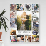 Family Photo Collage 15 Bilder   Namn Grått White<br><div class="desc">Visning dina familjeminnen eller bröllop-minnen med den här vackra fotosamlingskonstruktionen. Den här designen innehåller ett stort foto för det centrala lodrät, tillsammans med två bilder för mindre lodrät och 12 kvadratbilder för Instagram-stil bilder. Lägg till ditt namn i grått. Orden "Kärlek - lycka" kan också ändras eller lämnas som det...</div>