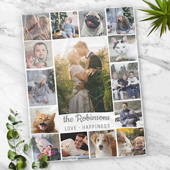 Family Photo Collage 15 Bilder + Namn Grått White Fleecefilt (Skapare uppladdad)